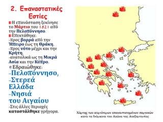 2. Επαναστατικές 
Εστίες 
Η επανάσταση ξεκίνησε 
το Μάρτιο του 1821 από 
την Πελοπόννησο. 
Επεκτάθηκε: 
-προς βορρά από την 
Ήπειρο έως τη Θράκη, 
-προς νότο μέχρι και την 
Κρήτη, 
-ανατολικά ως τη Μικρά 
Ασία και την Κύπρο. 
Εδραιώθηκε: 
-Πελοπόννησο, 
-Στερεά 
Ελλάδα 
-Νησιά 
του Αιγαίου 
-Στις άλλες περιοχές 
καταστάλθηκε γρήγορα. 
 