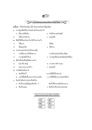 ๘๗


คาชี้แจง ให้นกเรี ยนเขียน  ล้อมรอบคาตอบที่ถกที่สุด
                ั                            ู
๑. การปลูกพืชให้ประโยชน์แก่นกเรี ยนอย่างไร
                                   ั
     ก. เป็ นรายได้เสริ ม                    ข. ทาให้อากาศบริ สุทธิ์
ค.      ได้ออกกาลังกาย                       ง. ถูกทุกข้อ
๒. พืชที่ใช้เป็ นยารักษาโรคได้ เรี ยกว่าอะไร
ก.      ไม้ผล ข.                                   พืชผัก
ค.      พืชสมุนไพร                             ง. พืชสวน
๓. การลดรายจ่ายในครัวเรื อหมายถึง
ก.      การซื้ออาหารให้นอยลง ข.
                            ้                      การเก็บออมเงินให้มากที่สุด
ค.      การปลุกพืชไว้ขาย                       ง. การปลูกพืชและทาผลิตภัณฑ์ใช้เอง
๔. พืชในข้อใดเป็ นพืชผักสวนครัว
ก.      องุ่น ส้ม ชมพู่                        ข. กระเพรา พริ ก ชะอม
ค.      ขนุน มะรุ ม มะพร้าว                     ง. ถูกทุกข้อ
๕. รายได้เสริ มคืออะไร
     ก. เงินที่เก็บไว้                       ข.รายได้ที่ได้รับประจา
     ค. รายได้ที่เพิ่มขึ้นจากการทางานเสริ ม    ง. รายได้ที่ได้จากการลดค่าใช้จ่าย
๖. สินค้าโอท็อป (OTOP) คือข้อใด
     ก. สินค้าจากภูมปัญญาท้องถิ่น ข.
                       ิ                          สินค้าที่รับจากพ่อค้าคนกลาง
     ค. สินค้าเกษตร                            ง. สินค้านาเข้าจากต่างประเทศ


                             เฉลยแบบทดสอบก่อนเรียน/หลังเรียน
                                   ๑   ง        ๔   ข

                                   ๒   ค        ๕   ค

                                   ๓   ง        ๖   ก
 