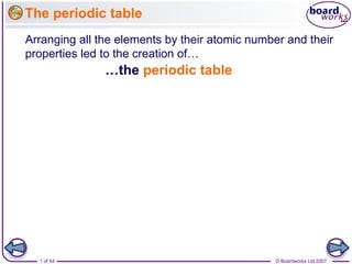 The periodic table
Arranging all the elements by their atomic number and their
properties led to the creation of…
               …the periodic table




  1 of 44                                       © Boardworks Ltd 2007
 