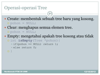 Operasi-operasi Tree
                             21

 Create: membentuk sebuah tree baru yang kosong.
   pohon = NULL;
 Clear: menghapus semua elemen tree.
   pohon = NULL;
 Empty: mengetahui apakah tree kosong atau tidak
   int isEmpty(Tree *pohon){
       if(pohon == NULL) return 1;
       else return 0;
     }




Nurdiansah PTIK 09 UNM                     12/10/2012
 