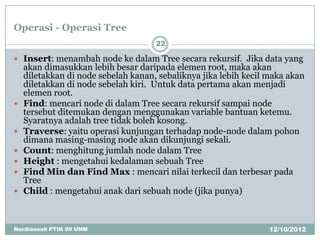 Operasi - Operasi Tree
                                     22

 Insert: menambah node ke dalam Tree secara rekursif. Jika data yang
    akan dimasukkan lebih besar daripada elemen root, maka akan
    diletakkan di node sebelah kanan, sebaliknya jika lebih kecil maka akan
    diletakkan di node sebelah kiri. Untuk data pertama akan menjadi
    elemen root.
   Find: mencari node di dalam Tree secara rekursif sampai node
    tersebut ditemukan dengan menggunakan variable bantuan ketemu.
    Syaratnya adalah tree tidak boleh kosong.
   Traverse: yaitu operasi kunjungan terhadap node-node dalam pohon
    dimana masing-masing node akan dikunjungi sekali.
   Count: menghitung jumlah node dalam Tree
   Height : mengetahui kedalaman sebuah Tree
   Find Min dan Find Max : mencari nilai terkecil dan terbesar pada
    Tree
   Child : mengetahui anak dari sebuah node (jika punya)



Nurdiansah PTIK 09 UNM                                            12/10/2012
 
