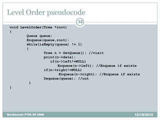 Level Order pseudocode
                                 32
 void LevelOrder(Tree *root)
 {
         Queue queue;
         Enqueue(queue,root);
         while(isEmpty(queue) != 1)
         {
                 Tree n = GetQueue(); //visit
                 print(n->data);
                    if(n->left!=NULL)
                        Enqueue(n->left); //Enqueue if exists
                 if(n->right!=NULL)
                         Enqueue(n->right); //Enqueue if exists
                 Dequeue(queue); //out
           }
 }




Nurdiansah PTIK 09 UNM                                      12/10/2012
 