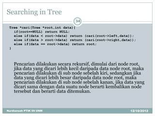 Searching in Tree
                                 34
 Tree *cari(Tree *root,int data){
   if(root==NULL) return NULL;
   else if(data < root->data) return (cari(root->left,data));
   else if(data > root->data) return (cari(root->right,data));
   else if(data == root->data) return root;
 }



    Pencarian dilakukan secara rekursif, dimulai dari node root,
    jika data yang dicari lebih kecil daripada data node root, maka
    pencarian dilakukan di sub node sebelah kiri, sedangkan jika
    data yang dicari lebih besar daripada data node root, maka
    pencarian dilakukan di sub node sebelah kanan, jika data yang
    dicari sama dengan data suatu node berarti kembalikan node
    tersebut dan berarti data ditemukan.



Nurdiansah PTIK 09 UNM                                      12/10/2012
 