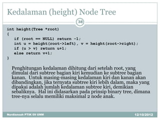 Kedalaman (height) Node Tree
                                38

int height(Tree *root)
{
   if (root == NULL) return -1;
   int u = height(root->left), v = height(root->right);
   if (u > v) return u+1;
   else return v+1;
}

  Penghitungan kedalaman dihitung dari setelah root, yang
  dimulai dari subtree bagian kiri kemudian ke subtree bagian
  kanan. Untuk masing-masing kedalaman kiri dan kanan akan
  dibandingkan, jika ternyata subtree kiri lebih dalam, maka yang
  dipakai adalah jumlah kedalaman subtree kiri, demikian
  sebaliknya. Hal ini didasarkan pada prinsip binary tree, dimana
  tree-nya selalu memiliki maksimal 2 node anak.


Nurdiansah PTIK 09 UNM                                   12/10/2012
 