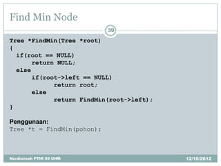 Find Min Node
                            39

Tree *FindMin(Tree *root)
{
  if(root == NULL)
       return NULL;
  else
       if(root->left == NULL)
             return root;
       else
             return FindMin(root->left);
}

Penggunaan:
Tree *t = FindMin(pohon);



Nurdiansah PTIK 09 UNM                     12/10/2012
 