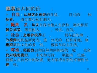 四方面共同的价值观 ： 自我 ： 认同客观存在的自我，认识自己的长处和短处，养成自尊心和自制力。 人际关系 ： 承认自我与他人生存和发展的相互依赖关系，尊重他人，诚实、可信、自信。 社会 ： 追求自由与正义，维护权利与法的尊严，为共同的利益而努力，重视公民的责任和家庭，尊重宗教和文化的多样性，积极参与民主生活。 环境 ： 把由社会和自然共同构成的环境视为生命和变化的起源，对未来和可持续发展抱有责任感，理解人在自然中的位置，努力保持自然的平衡性与多样性。 