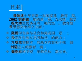 日本每十年更新一次国家基础教育课程。 2002 年即将实施的新课程，力求精选教学内容 ,  留给学生更多自由发展的空间。教育指导思想突出四个方面： 鼓励学生参与社会和提高国际意识； 提高学生独立思考和学习的能力； 为学生掌握本质的基本内容和个性发展 创造宜人的教育环境； 鼓励每所学校办出特色和标新立异。 日本 