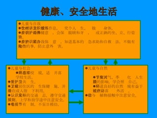 健康、安全地生活 儿童与社会 熟悉学校环境，适应并喜欢学校生活。 爱护公共卫生。 了解居住区的卫生保健设施，并能在成人指导下利用。 认识常见的交通标志，遵守交通规则，上学和放学途中注意安全。 看电视有节制，不盲目模仿。 儿童与自然 了解天气、季节变化对人生活的影响，学会照顾自己。 知道良好的自然环境有益于健康，喜欢户外活动。 在与动植物接触中注意安全。 儿童与自我 合理饮食、按时作息，讲究个人卫生、积极锻炼身体。 有初步的保健意识，会保护眼睛和牙齿，养成正确的坐、立、行姿势。 有初步的自我保护意识，知道基本的紧急求助和自救办法，不做有危险的事，防止意外伤害。 