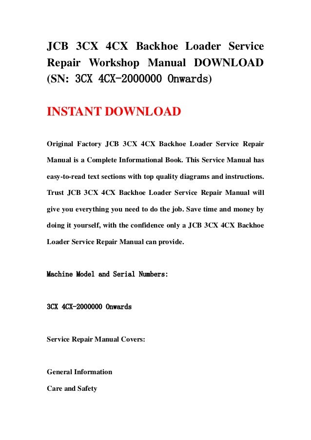 JCB 3CX 4CX Backhoe Loader Service Repair Workshop Manual