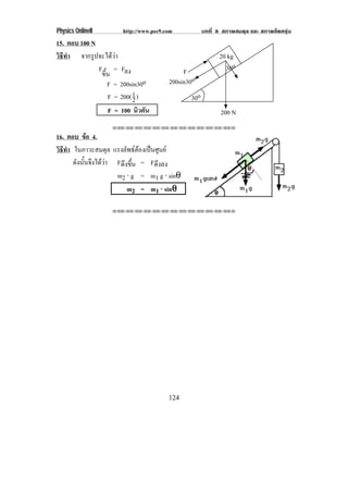 Physics OnlineII       http://www.pec9.com           บทที่ 8 สภาพสมดุล และ สภาพยืดหยุน
15. ตอบ 100 N
วธทา จากรูปจะไดวา
 ิี ํ                                                      20 kg
              F = Fลง                        F               30o
               ขน
                ้ึ
                   F = 200sin30o        200sin30o
                   F = 200( 1 )
                            2                  30o
                   F = 100 นิวตัน                           200 N
                   !!"!"!"!"!"!"!"!"!"!"!"!"!""

16. ตอบ ขอ 4.
วธทา ในภาวะสมดุล แรงลัพธตองเปนศูนย
 ิี ํ
      ดังนันจึงไดวา Fดึงขึ้น = Fดึงลง
           ้       
                     m2 ⋅ g = m1 g ⋅ sinθ
                         m2 = m1 ⋅ sinθθ

                   !!"!"!"!"!"!"!"!"!"!"!"!"!""




                                        124
 