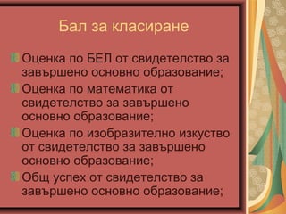 Бал за класиране
Оценка по БЕЛ от свидетелство за
зaвършено основно образование;
Оценка по математика от
свидетелство за зaвършено
основно образование;
Оценка по изобразително изкуство
от свидетелство за завършено
основно образование;
Общ успех от свидетелство за
завършено основно образование;
 
