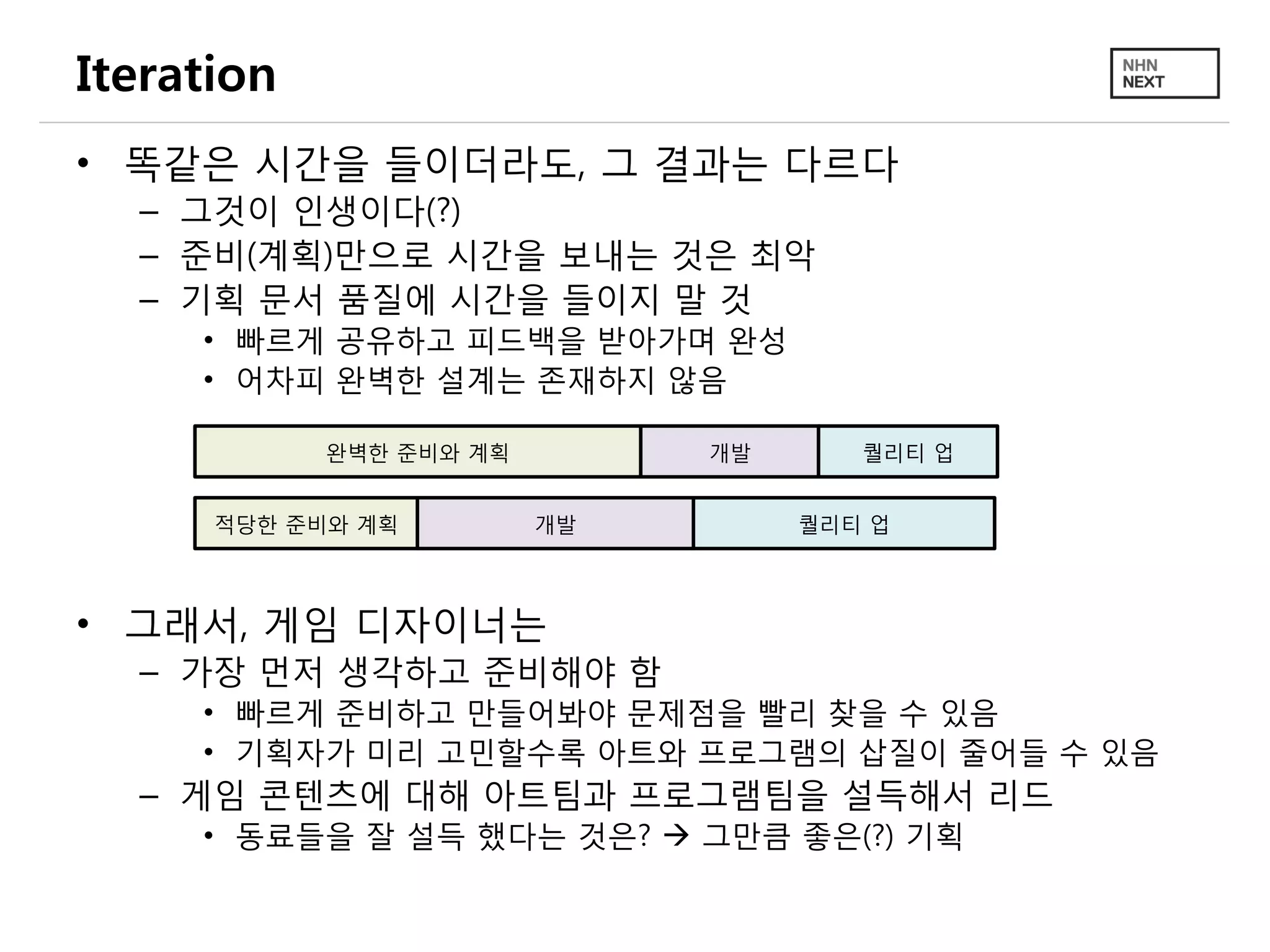 Iteration
• 똑같은 시간을 들이더라도, 그 결과는 다르다
– 그것이 인생이다(?)
– 준비(계획)만으로 시간을 보내는 것은 최악
– 기획 문서 품질에 시간을 들이지 말 것
• 빠르게 공유하고 피드백을 받아가며 완성
• 어차피 완벽한 설계는 존재하지 않음
• 그래서, 게임 디자이너는
– 가장 먼저 생각하고 준비해야 함
• 빠르게 준비하고 만들어봐야 문제점을 빨리 찾을 수 있음
• 기획자가 미리 고민할수록 아트와 프로그램의 삽질이 줄어들 수 있음
– 게임 콘텐츠에 대해 아트팀과 프로그램팀을 설득해서 리드
• 동료들을 잘 설득 했다는 것은?  그만큼 좋은(?) 기획
완벽한 준비와 계획 개발 퀄리티 업
적당한 준비와 계획 개발 퀄리티 업
 