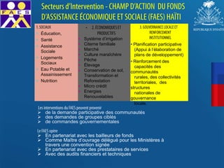 • Planification participative
(Appui à l’élaboration de
plans de développement)
• Renforcement des
capacités des
communautés
rurales, des collectivités
territoriales, des
structures
nationales de
gouvernance
locale.
• Système d’irrigation
• Citerne familiale
• Marché
• Culture maraîchère
• Pêche
• Élevage
• Conservation de sol,
Transformation et
Reforestation
• Micro crédit
• Energies
Renouvelables
 Éducation,
 Santé
 Assistance
Sociale
 Logements
Sociaux
 Eau Potable et
Assainissement
 Nutrition
 de la demande participative des communautés
 des demandes de groupes ciblés
 de commandes gouvernementales
 En partenariat avec les bailleurs de fonds
 Comme Maître d’ouvrage délégué pour les Ministères à
travers une convention signée
 En partenariat avec des prestataires de services
 Avec des audits financiers et techniques
 