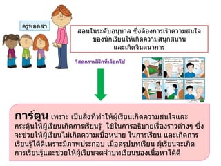 สอนในระดับอนุบำล ซึ่งต้องกำรเร้ำควำมสนใจ
ของนักเรียนให้เกิดควำมสนุกสนำน
และเกิดจินตนำกำร
วัสดุกราฟฟิกที่เลือกใช้
ครูพอลล่ำ
การ์ตูน เพรำะ เป็นสิ่งที่ท้ำให้ผู้เรียนเกิดควำมสนใจและ
กระตุ้นให้ผู้เรียนเกิดกำรเรียนรู้ ใช้ในกำรอธิบำยเรื่องรำวต่ำงๆ ซึ่ง
จะช่วยให้ผู้เรียนไม่เกิดควำมเบื่อหน่ำย ในกำรเรียน และเกิดกำร
เรียนรู้ได้ดีเพรำะมีภำพประกอบ เมื่อสรุปบทเรียน ผู้เรียนจะเกิด
กำรเรียนรู้และช่วยให้ผู้เรียนจดจ้ำบทเรียนของเนือหำได้ดี
 