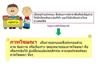 เป็นครูฝ่ำยปกครอง ซึ่งต้องกำรประชำสัมพันธ์เชิญชวน
ให้นักเรียนหันมำเล่นกีฬำ และให้นักเรียนห่ำงไกล
ยำเสพย์ติด
วัสดุกราฟฟิกที่เลือกใช้
ครูศรรำม
ภาพโฆษณา เป็นกำรออกแบบซึ่งประกอบด้วย
ภำพ ข้อควำม หรือเรื่องรำว จุดมุ่งหมำยของภำพโฆษณำ คือ
เพื่อกระตุ้นให้ ผู้เปลี่ยนแปลงพฤติกรรม ตำมจุดประสงค์ของ
ภำพโฆษณำ นันๆ
 