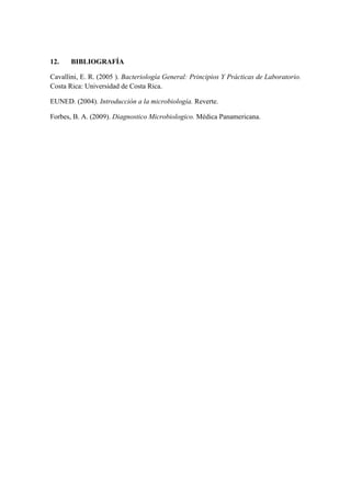 12. BIBLIOGRAFÍA
Cavallini, E. R. (2005 ). Bacteriología General: Principios Y Prácticas de Laboratorio.
Costa Rica: Universidad de Costa Rica.
EUNED. (2004). Introducción a la microbiología. Reverte.
Forbes, B. A. (2009). Diagnostico Microbiologico. Médica Panamericana.
 