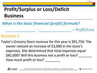 © Family Economics & Financial Education – Updated May 2011 – Spending Plan Unit – Spending Plans – Slide 18
Funded by a grant from Take Charge America, Inc. to the Norton School of Family and Consumer Sciences at the University of Arizona
1.15.2.G1
Profit/Surplus or Loss/Deficit
Business
What is the basic financial (profit) formula?
______________ - _______________ = Profit/Loss
Business 1
Taylor’s Grocery Store revenue for this year is $91,750. The
owner noticed an increase of $3,000 in the store’s
expenses. She determined that total expenses equal
$81,000? Will this business net a profit or loss? _______
How much profit or loss? ________
 