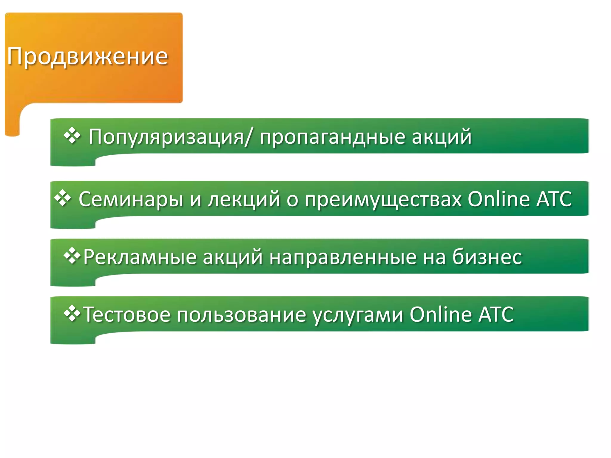 Продвижение
 Популяризация/ пропагандные акций
 Семинары и лекций о преимуществах Online ATC
Рекламные акций направленные на бизнес
Тестовое пользование услугами Online ATC
 