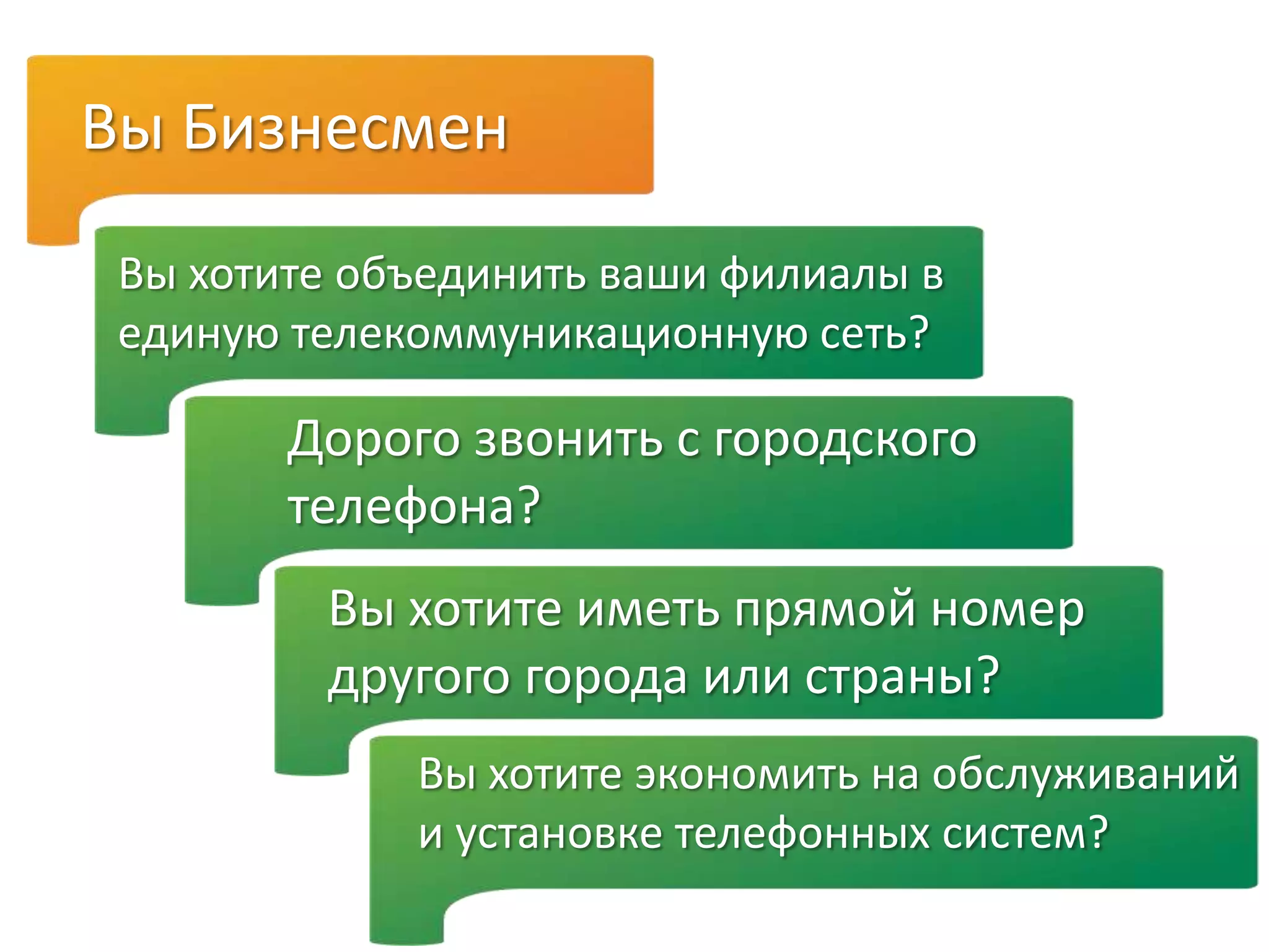Дорого звонить с городского
телефона?
Вы хотите иметь прямой номер
другого города или страны?
Вы хотите объединить ваши филиалы в
единую телекоммуникационную сеть?
Вы Бизнесмен
Вы хотите экономить на обслуживаний
и установке телефонных систем?
 