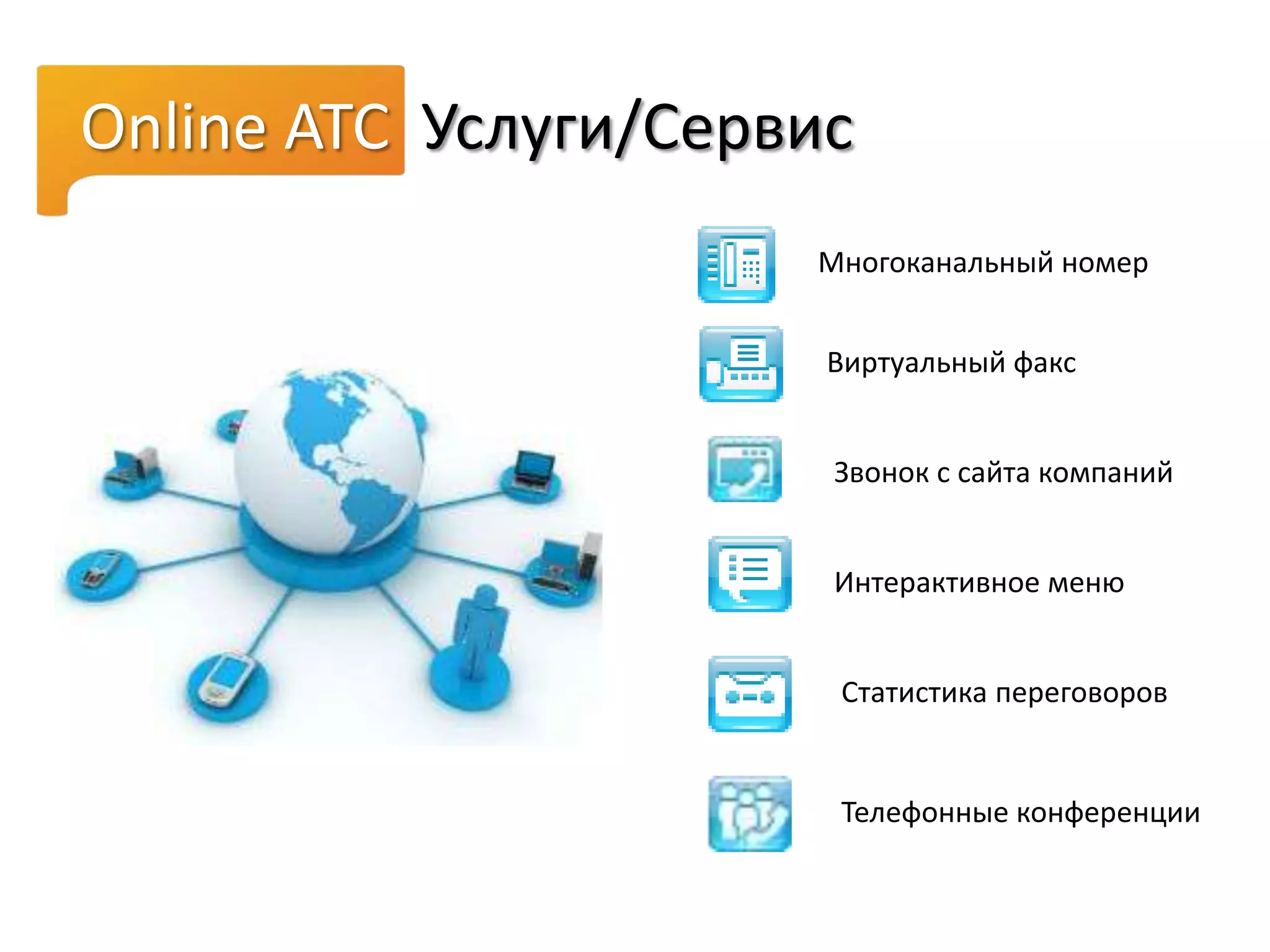 Online ATC Услуги/Сервис
Многоканальный номер
Интерактивное меню
Статистика переговоров
Виртуальный факс
Звонок с сайта компаний
Телефонные конференции
 
