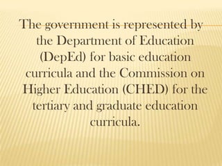 The government is represented by
the Department of Education
(DepEd) for basic education
curricula and the Commission on
Higher Education (CHED) for the
tertiary and graduate education
curricula.
 