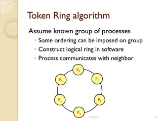 Token Ring algorithm
Assume known group of processes
◦ Some ordering can be imposed on group
◦ Construct logical ring in software
◦ Process communicates with neighbor
P0
P1
P2
P3
P4
P5
1 MCS 5.1 11
 