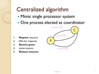 Centralized algorithm
 Mimic single processor system
 One process elected as coordinator
P
C
request(R)
grant(R)
1. Request resource
2. Wait for response
3. Receive grant
4. access resource
5. Release resource
release(R)
1 MCS 5.1 7
 
