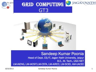 GRID COMPUTING
GT3
Sandeep Kumar Poonia
Head of Dept. CS/IT, Jagan Nath University, Jaipur
B.E., M. Tech., UGC-NET
LM-IAENG, LM-IACSIT,LM-CSTA, LM-AIRCC, LM-SCIEI, AM-UACEE
10/5/2013 1Sandeep Kumar Poonia
 