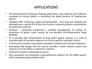 APPLICATIONS
•

•
•

•
•
•

•
•

The administration of diltiazem floating tablet twice a day might be more effective
compared to normal tablets in controlling the blood pressure of hypertensive
patient.
Madopar HBS- containing L-dopa and benserazide - here drug was released and
absorbed over a period of 6-8 hour and maintain substantial plasma concentration
for parkinson’s patients.
Cytotech — containing misoprostol, a synthetic prostaglandin- E1 analog, for
prevention of gastric ulcers caused by non-steroidal anti-inflammatory drugs
(NSAIDS).
As it provides high concentration of drug within gastric mucosa, it is used to
eradicate pylori (A causative organism for chronic gastritis and peptic ulcers).
5-Fluorouracil has been successfully evaluated in patients with stomach neoplasm.
Developing HBS dosage form for tacrine provides a better delivery system and
reduces its GI side effects in alzheimer’s patients.
Treatment of gastric and duodenal cancers.
Alza corporation has developed a gastroretentive platform for the OROS system,
which showed prolong residence time

 