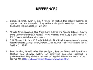 REFERENCES
1.

Brahma N. Singh, Kwon H. Kim. A review of floating drug delivery systems: an
approach to oral controlled drug delivery via gastric retention . Journal of
Controlled Release .2000; 63 , 235-259.

2.

Shweta Arora, Javed Ali, Alka Ahuja, Roop K. Khar, and Sanjula Baboota. Floating
Drug Delivery Systems: A Review. AAPS PharmSciTech 2005; 6 (3) : Article 47
(http://www.aapspharmscitech.org).
S. H. Shahaa, J. K. Patel, K. Pundarikakshudu, N. V. Patel. An overview of a gastroretentive floating drug delivery system. Asian Journal of Pharmaceutical Sciences
2009; 4 (1): 65-80

3.

4.

Pooja Mathur, Kamal Saroha, Navneet Syan , Surender Verma and Vipin Kumar
Floating drug delivery system: An innovative acceptable approach in
gastroretentive drug delivery. Archives of Applied Science Research, 2010; 2
(2):257-270. (http://scholarsresearchlibrary.com/archive.html)

 