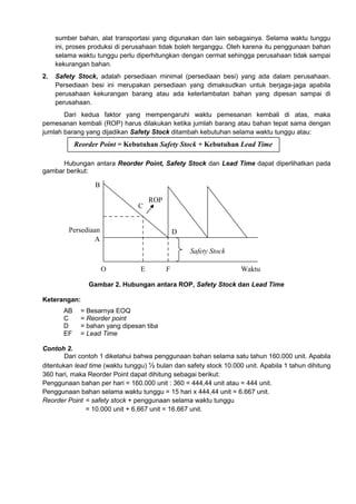 sumber bahan, alat transportasi yang digunakan dan lain sebagainya. Selama waktu tunggu
ini, proses produksi di perusahaan tidak boleh terganggu. Oleh karena itu penggunaan bahan
selama waktu tunggu perlu diperhitungkan dengan cermat sehingga perusahaan tidak sampai
kekurangan bahan.
2.

Safety Stock, adalah persediaan minimal (persediaan besi) yang ada dalam perusahaan.
Persediaan besi ini merupakan persediaan yang dimaksudkan untuk berjaga-jaga apabila
perusahaan kekurangan barang atau ada keterlambatan bahan yang dipesan sampai di
perusahaan.

Dari kedua faktor yang mempengaruhi waktu pemesanan kembali di atas, maka
pemesanan kembali (ROP) harus dilakukan ketika jumlah barang atau bahan tepat sama dengan
jumlah barang yang dijadikan Safety Stock ditambah kebutuhan selama waktu tunggu atau:

Reorder Point = Kebutuhan Safety Stock + Kebutuhan Lead Time
Hubungan antara Reorder Point, Safety Stock dan Lead Time dapat diperlihatkan pada
gambar berikut:

B
C

ROP

Persediaan
A

D
Safety Stock
O

E

F

Waktu

Gambar 2. Hubungan antara ROP, Safety Stock dan Lead Time
Keterangan:
AB
C
D
EF

= Besarnya EOQ
= Reorder point
= bahan yang dipesan tiba
= Lead Time

Contoh 2.
Dari contoh 1 diketahui bahwa penggunaan bahan selama satu tahun 160.000 unit. Apabila
ditentukan lead time (waktu tunggu) ½ bulan dan safety stock 10.000 unit. Apabila 1 tahun dihitung
360 hari, maka Reorder Point dapat dihitung sebagai berikut:
Penggunaan bahan per hari = 160.000 unit : 360 = 444,44 unit atau = 444 unit.
Penggunaan bahan selama waktu tunggu = 15 hari x 444,44 unit = 6.667 unit.
Reorder Point = safety stock + penggunaan selama waktu tunggu
= 10.000 unit + 6.667 unit = 16.667 unit.

 