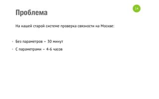 Проблема
На нашей старой системе проверка связности на Москве:

• Без параметров – 30 минут
• С параметрами – 4-6 часов

14

 