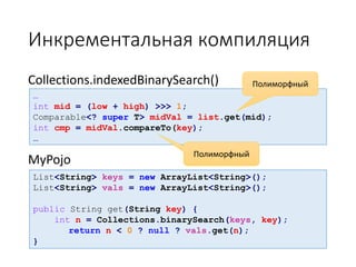 Инкрементальная компиляция
Collections.indexedBinarySearch()

Полиморфный

…
int mid = (low + high) >>> 1;
Comparable<? super T> midVal = list.get(mid);
int cmp = midVal.compareTo(key);
…

MyPojo

Полиморфный

List<String> keys = new ArrayList<String>();
List<String> vals = new ArrayList<String>();

public String get(String key) {
int n = Collections.binarySearch(keys, key);
return n < 0 ? null ? vals.get(n);
}

 
