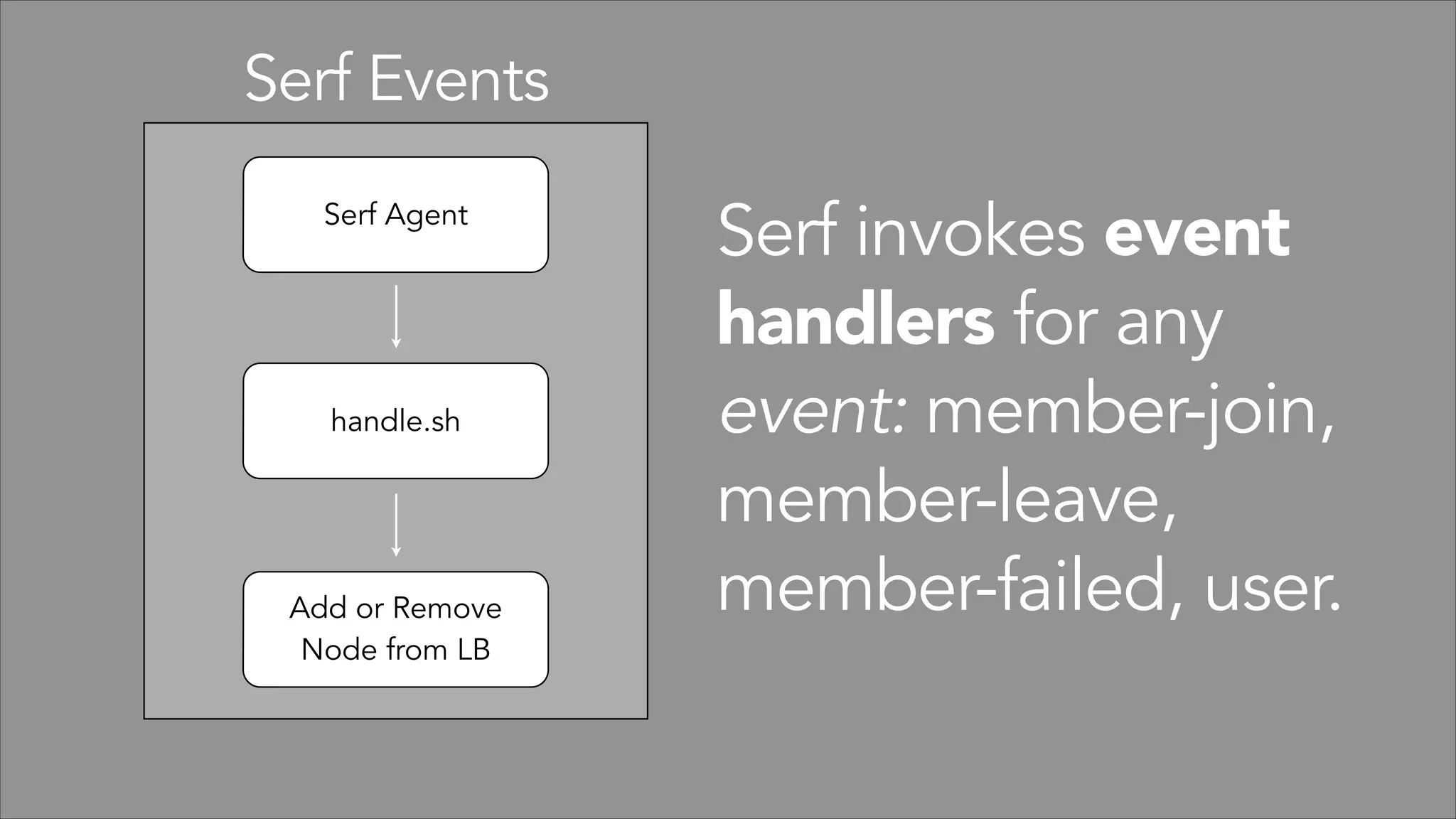 Serf Events
Serf Agent

handle.sh

Add or Remove
Node from LB

Serf invokes event
handlers for any
event: member-join,
member-leave,
member-failed, user.

 