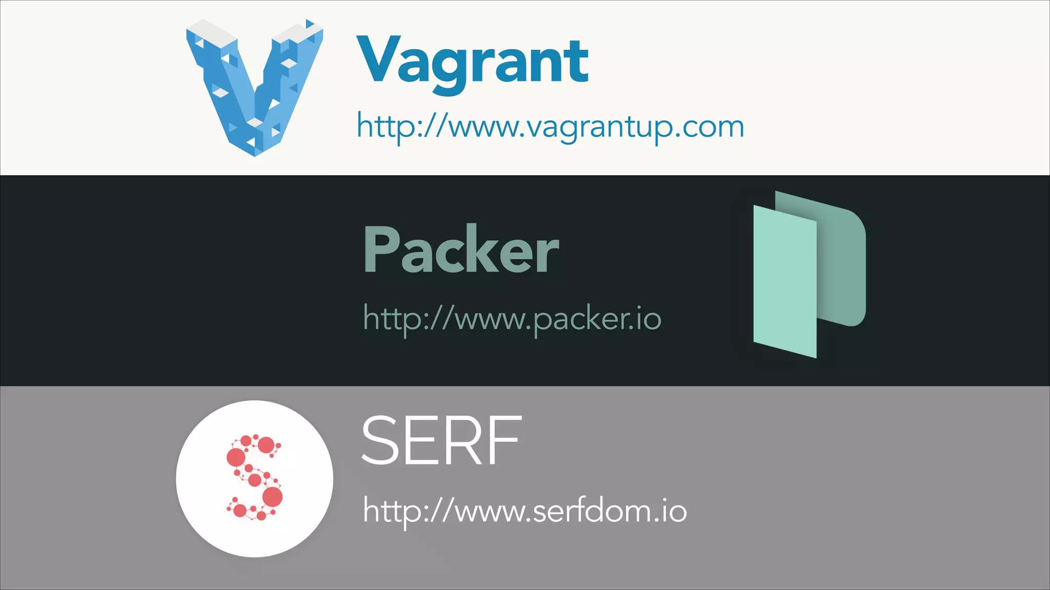 Vagrant

http://www.vagrantup.com

Packer

http://www.packer.io

SERF
http://www.serfdom.io

 