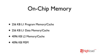 On-Chip Memory
•
•
•
•

256 KB L1 Program Memory/Cache
256 KB L1 Data Memory/Cache
4096 KB L2 Memory/Cache
4096 KB MSM

 