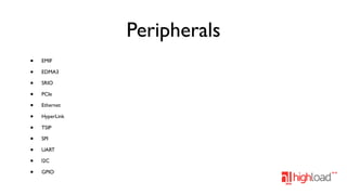 Peripherals
•
•
•
•
•
•
•
•
•
•
•

EMIF
EDMA3
SRIO
PCIe
Ethernet
HyperLink
TSIP
SPI
UART
I2C
GPIO

 