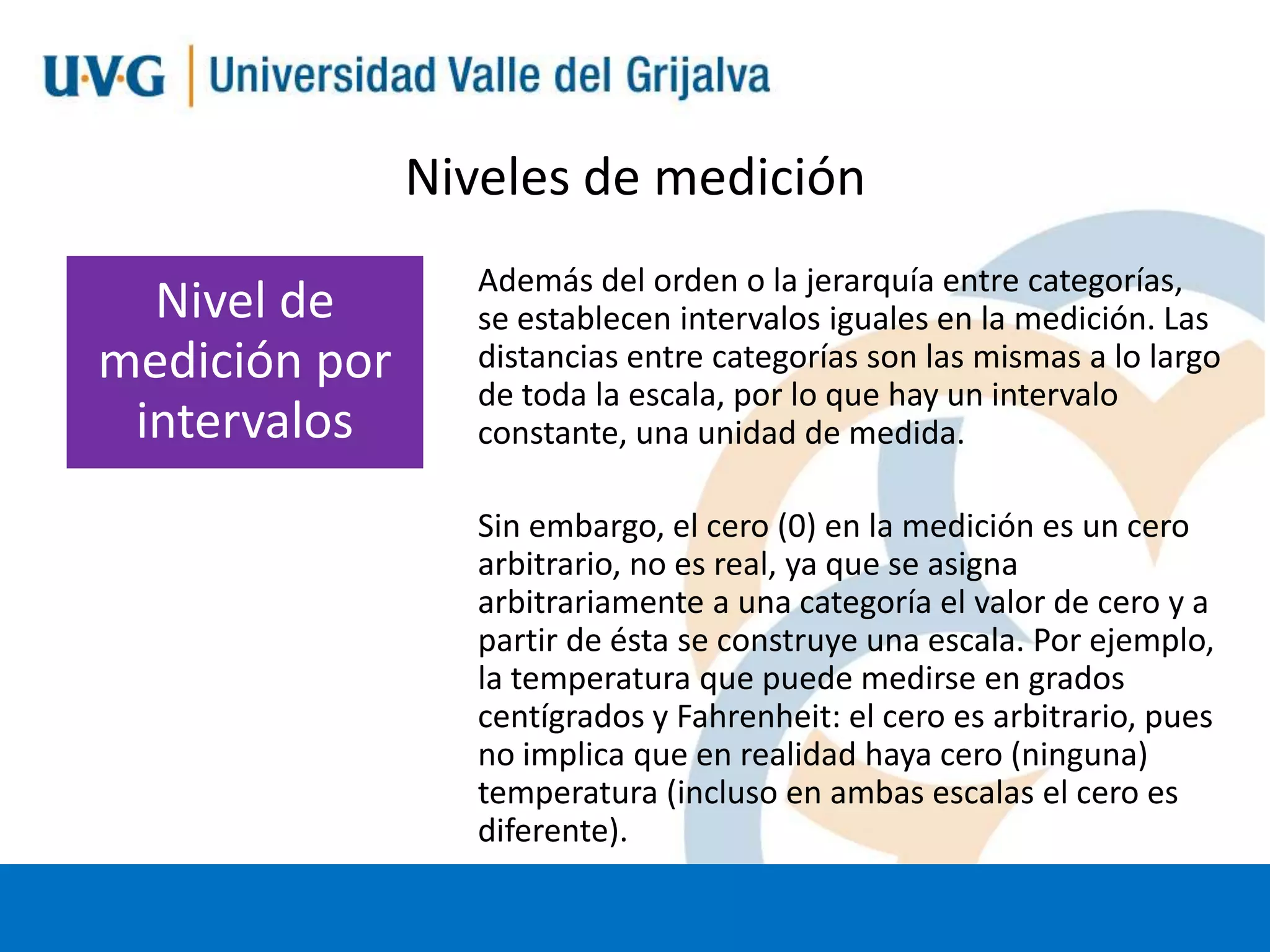Niveles de medición
Nivel de
medición por
intervalos

Además del orden o la jerarquía entre categorías,
se establecen intervalos iguales en la medición. Las
distancias entre categorías son las mismas a lo largo
de toda la escala, por lo que hay un intervalo
constante, una unidad de medida.
Sin embargo, el cero (0) en la medición es un cero
arbitrario, no es real, ya que se asigna
arbitrariamente a una categoría el valor de cero y a
partir de ésta se construye una escala. Por ejemplo,
la temperatura que puede medirse en grados
centígrados y Fahrenheit: el cero es arbitrario, pues
no implica que en realidad haya cero (ninguna)
temperatura (incluso en ambas escalas el cero es
diferente).

 