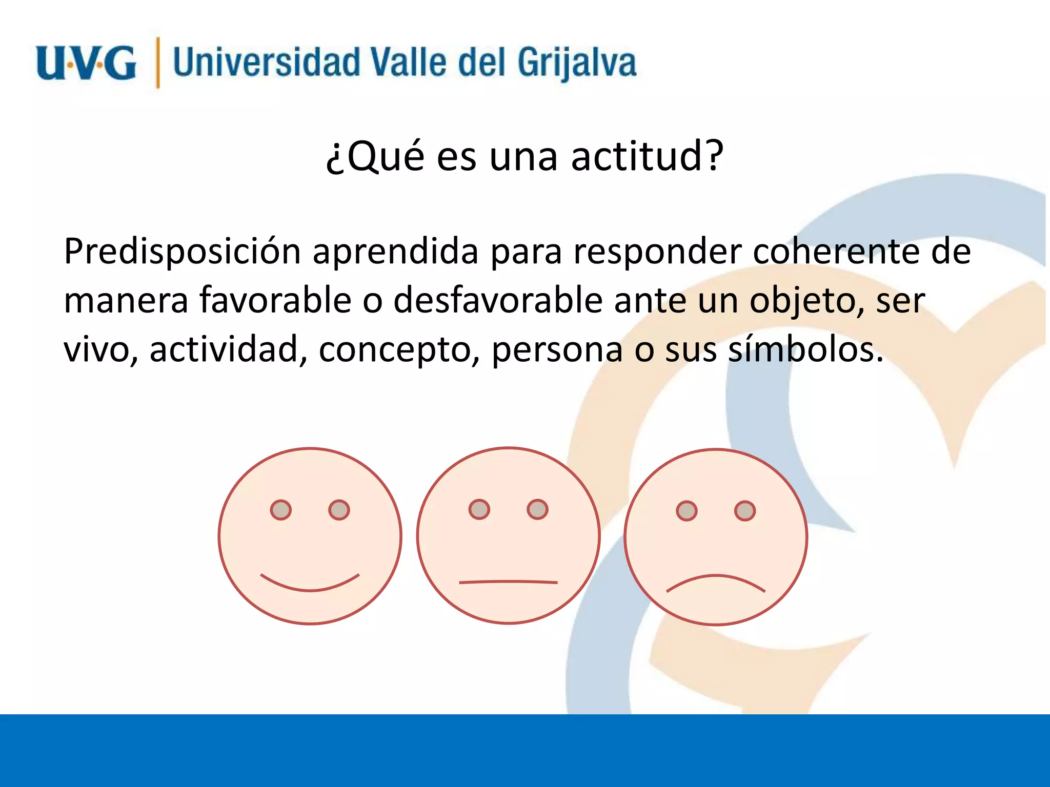 ¿Qué es una actitud?
Predisposición aprendida para responder coherente de
manera favorable o desfavorable ante un objeto, ser
vivo, actividad, concepto, persona o sus símbolos.

 
