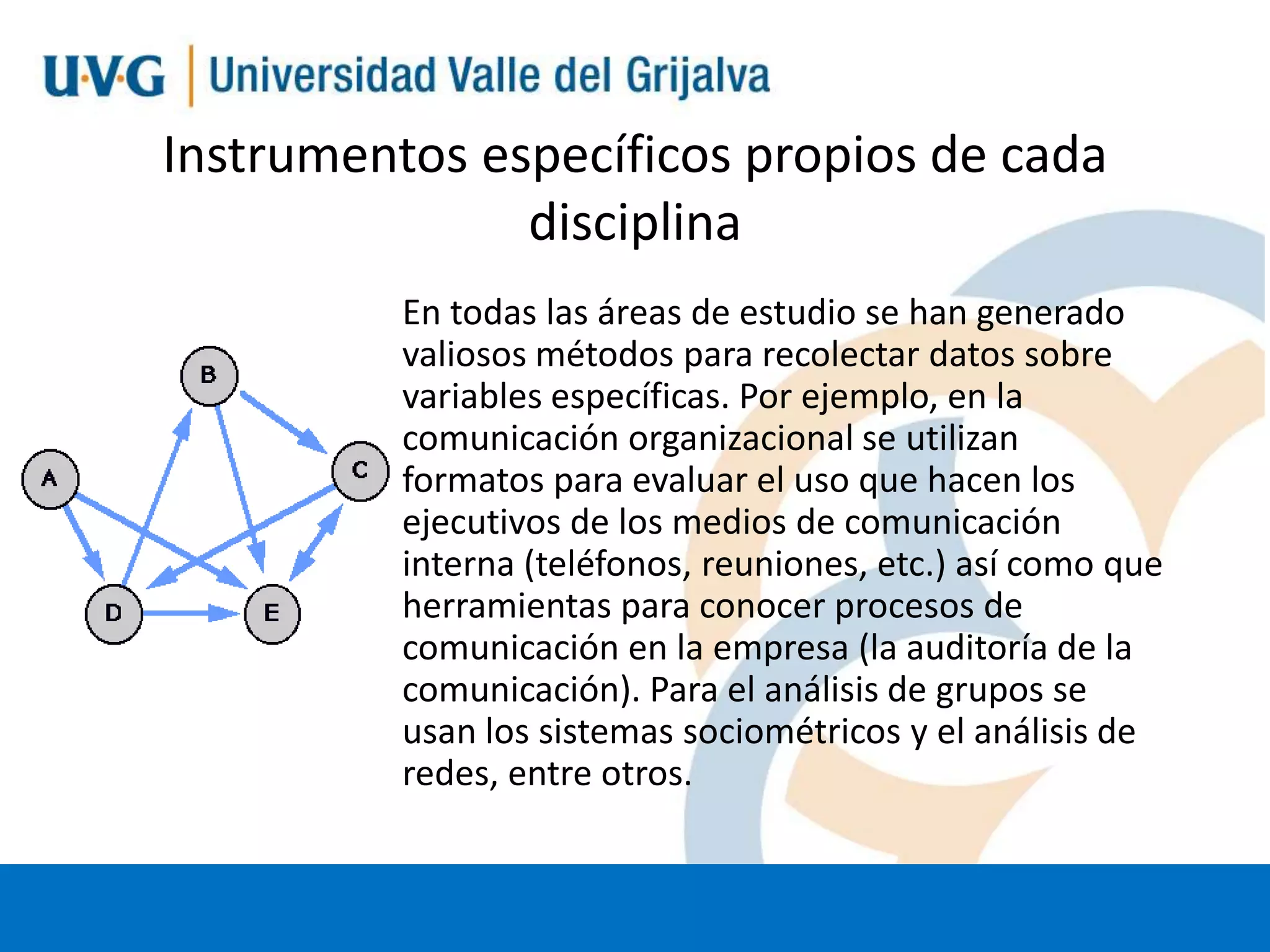 Instrumentos específicos propios de cada
disciplina
En todas las áreas de estudio se han generado
valiosos métodos para recolectar datos sobre
variables específicas. Por ejemplo, en la
comunicación organizacional se utilizan
formatos para evaluar el uso que hacen los
ejecutivos de los medios de comunicación
interna (teléfonos, reuniones, etc.) así como que
herramientas para conocer procesos de
comunicación en la empresa (la auditoría de la
comunicación). Para el análisis de grupos se
usan los sistemas sociométricos y el análisis de
redes, entre otros.

 
