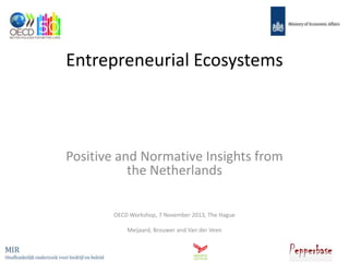 Entrepreneurial Ecosystems

Positive and Normative Insights from
the Netherlands
OECD Workshop, 7 November 2013, The Hague
Meijaard, Brouwer and Van der Veen

 