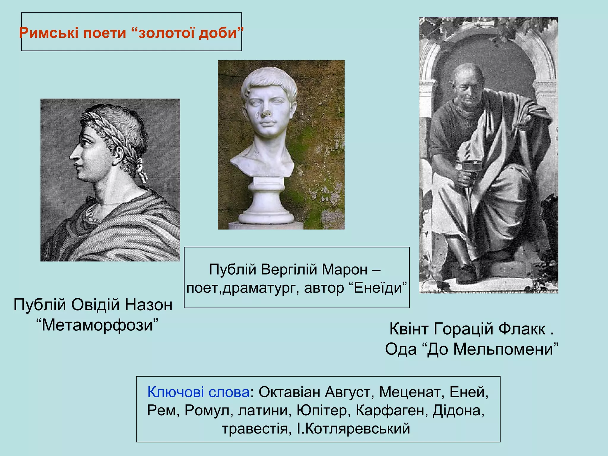 Римські поети “золотої доби”

Публій Овідій Назон
“Метаморфози”

Публій Вергілій Марон –
поет,драматург, автор “Енеїди”

Квінт Горацій Флакк .
Ода “До Мельпомени”

Ключові слова: Октавіан Август, Меценат, Еней,
Рем, Ромул, латини, Юпітер, Карфаген, Дідона,
травестія, І.Котляревський

 