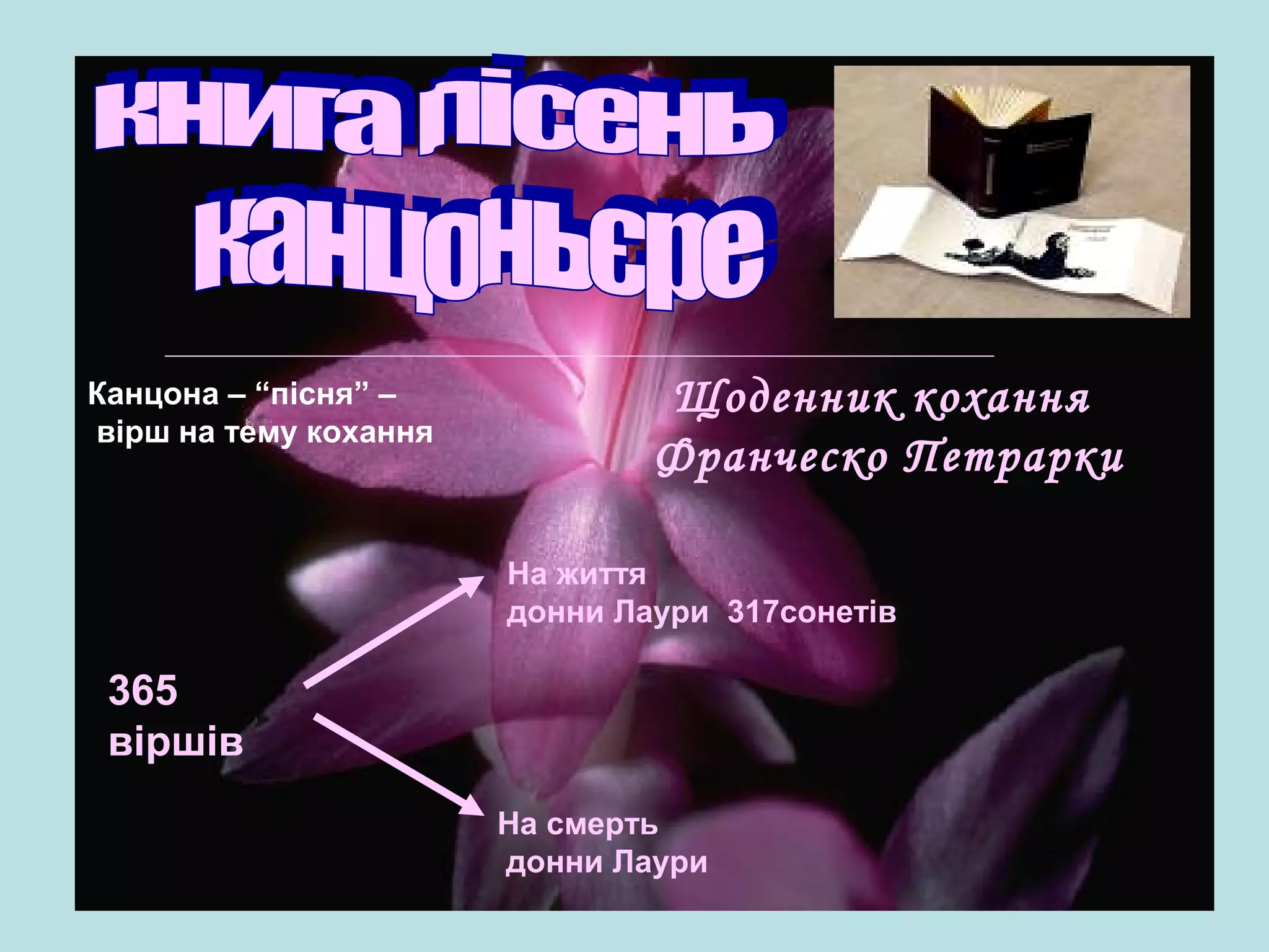 Канцона – “пісня” –
вірш на тему кохання

Щоденник кохання
Франческо Петрарки
На життя
донни Лаури 317сонетів

365
віршів
На смерть
донни Лаури

 