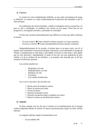 VOLEIBOL

a) Carrera
La carrera no está completamente definida, ya que cada circunstancia de juego
es diferente. La carrera va a estar condicionada por la posición del rematador y por la
clase del pase.
En condiciones de carrera normales, cuando el rematador está en su posición y el
pase es alto y bombeado, se establece una carrera en tres pasos. Éstos han de ser
progresivos, en longitud creciente y acelerados en velocidad.
Existen dos escuelas (principalmente) que difieren en el pie que debe comenzar
la carrera:
-

Escuela asiática
el pie contrario al brazo ejecutor es el que comienza;
Escuela occidental
el pie correspondiente al brazo ejecutor comienza.

Independientemente de la escuela, el primer paso es un paso corto, con él, el
jugador está calculando la trayectoria del pase colocación y está calculando el tiempo de
remate; el segundo paso es más largo y más rápido; el tercero es más largo y más rápido
que los dos anteriores. Seguidamente se junta el otro pie con una separación de pies
similar a la de la anchura de los hombros, y un poquito más atrasado que el del pie
contrario al del brazo ejecutor.
Las carreras pueden ser:
-

Diagonales a la red;
Perpendiculares a la red;
Paralelas a la red;
Circulares;
Con cambio de dirección.

Los errores específicos de esta fase son:
Iniciar antes de tiempo la carrera.
Hacer la carrera muy lenta.
Cruzar los pasos.
Hacerla con pasitos cortos.
Iniciarla con pasitos largo y acabarla con cortos.
Hacer la carrera en una dirección errónea.
b) Impulso
Se hace siempre con los dos pies. Consiste en la transformación de la energía
cinética adquirida durante la carrera en fuerza ascensorial para lograr un salto vertical
máximo.
Los ángulos óptimos según lo biomecánicos son:
-

En los tobillos 80º.
D3 ♥

37

 
