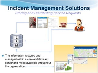 Incident Management Solutions
Storing and Distributing Service Requests

The information is stored and
managed within a central database
server and made available throughout
the organisation.

 