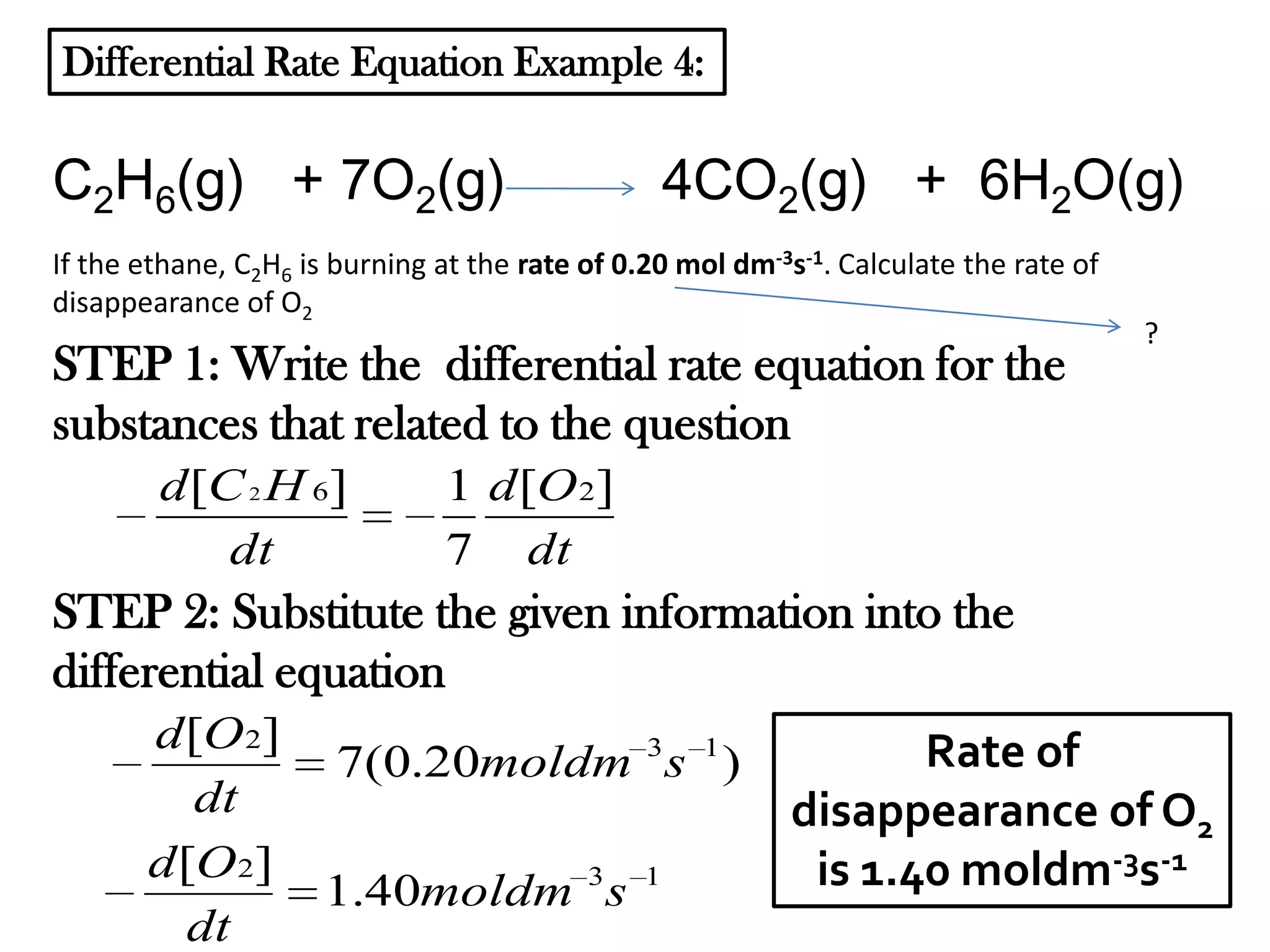 Differential Rate Equation Example 4:

C2H6(g) + 7O2(g)

4CO2(g) + 6H2O(g)

If the ethane, C2H6 is burning at the rate of 0.20 mol dm-3s-1. Calculate the rate of
disappearance of O2

STEP 1: Write the differential rate equation for the
substances that related to the question
d [C 2 H 6]
dt

?

1 d [O 2]
7 dt

STEP 2: Substitute the given information into the
differential equation
d [O 2]
7(0.20moldm 3s 1 )
dt
d [O 2]
1.40moldm 3s 1
dt

Rate of
disappearance of O2
is 1.40 moldm-3s-1

 