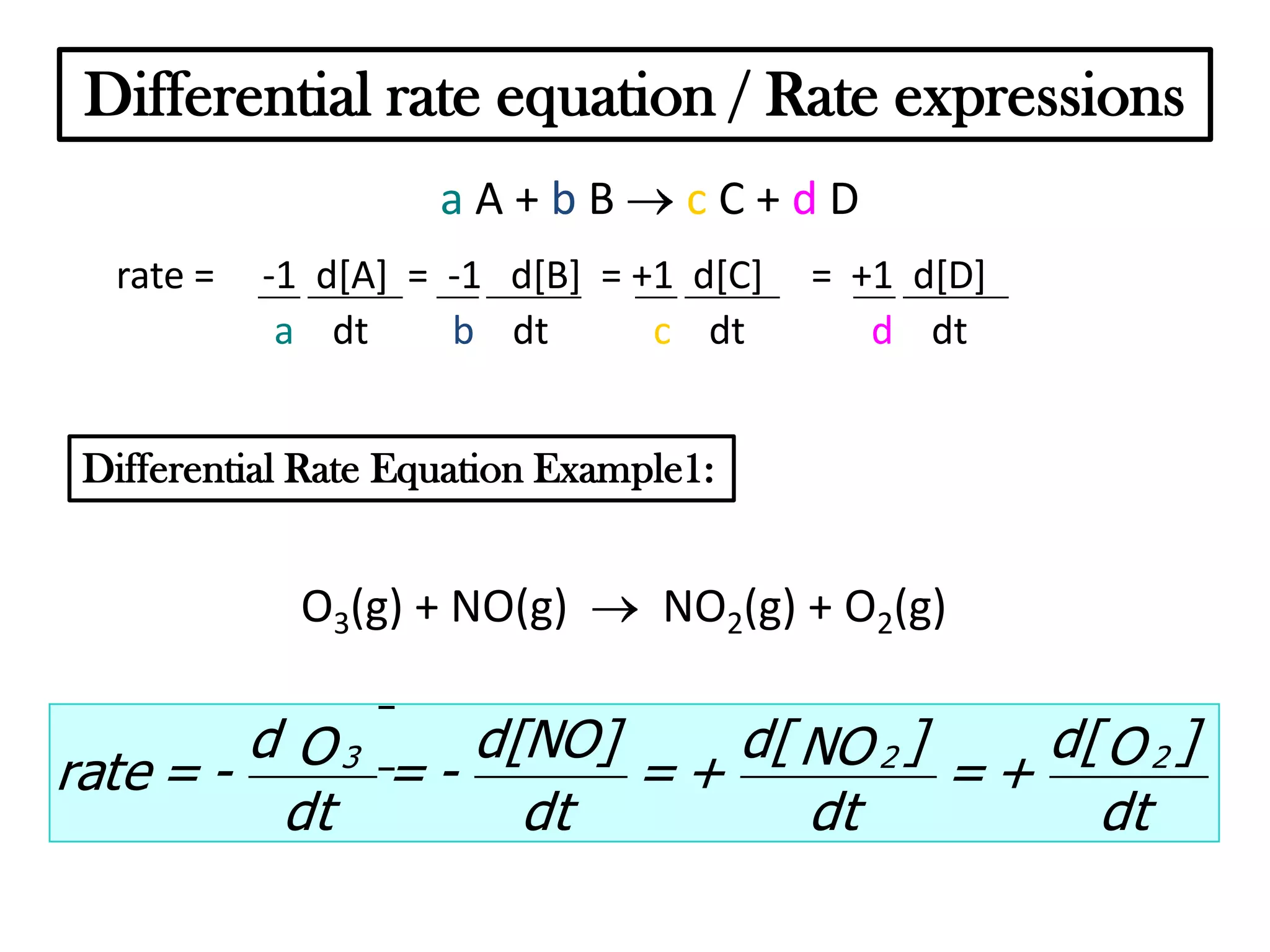 Differential rate equation / Rate expressions
aA+bB
rate =

cC+dD

-1 d[A] = -1 d[B] = +1 d[C]
a dt
b dt
c dt

= +1 d[D]
d dt

Differential Rate Equation Example1:

O3(g) + NO(g)

NO2(g) + O2(g)

d O3
d[NO]
d[ NO 2 ]
d[ O 2 ]
rate = ==+
=+
dt
dt
dt
dt

 