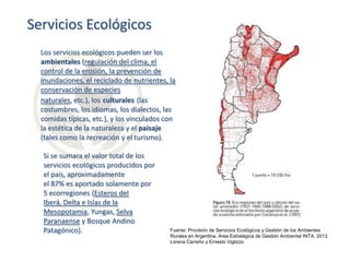Servicios Ecológicos
Los servicios ecológicos pueden ser los
ambientales (regulación del clima, el
control de la erosión, la prevención de
inundaciones, el reciclado de nutrientes, la
conservación de especies
naturales, etc.), los culturales (las
costumbres, los idiomas, los dialectos, las
comidas típicas, etc.), y los vinculados con
la estética de la naturaleza y el paisaje
(tales como la recreación y el turismo).
Si se sumara el valor total de los
servicios ecológicos producidos por
el país, aproximadamente
el 87% es aportado solamente por
5 ecorregiones (Esteros del
Iberá, Delta e Islas de la
Mesopotamia, Yungas, Selva
Paranaense y Bosque Andino
Patagónico).

Fuente: Provisión de Servicios Ecológicos y Gestión de los Ambientes
Rurales en Argentina. Area Estratégica de Gestión Ambiental INTA. 2013.
Lorena Carreño y Ernesto Viglizzo

 