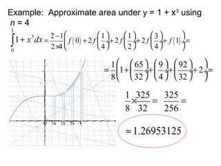 Example: Approximate area under y = 1 + x3 using
n=4
1


1
1
 3
2 −1 
1 + x dx =
 f ( 0) + 2 f  ÷+ 2 f  ÷+ 2 f  ÷+ f ( 1) ÷=
4
2
4
2 ×4 

0

∫

3

1   65   9   92  
= 1+  ÷+  ÷+  ÷+ 2 ÷=
8   32   4   32  

1 325 325
×
=
=
8 32
256
0 ¼ ½ ¾ 1

≈ 1.26953125

 