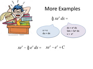 More Examples

ò xe

x

dx =

u=x
du = dx

xe - ò e dx =
x

x

xe x - e x + C

dv = ex dx
Sdv = Sex dx
v = ex

 